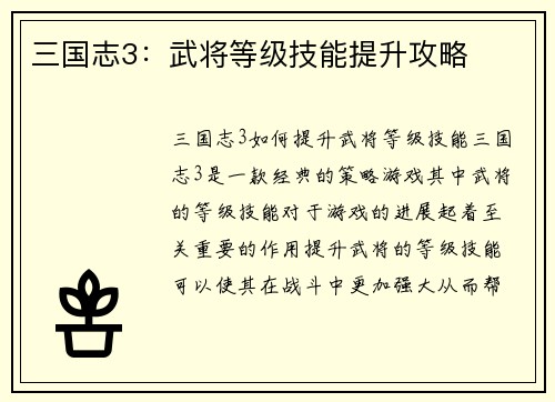 三国志3：武将等级技能提升攻略