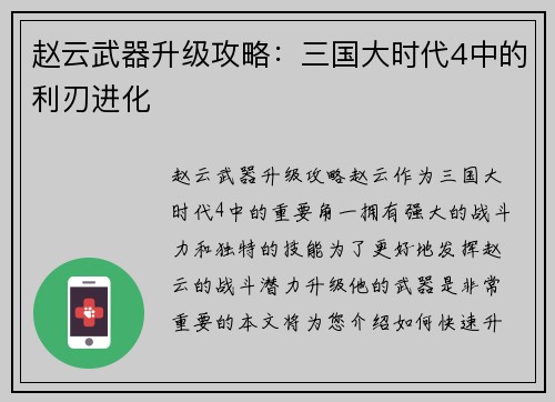 赵云武器升级攻略：三国大时代4中的利刃进化